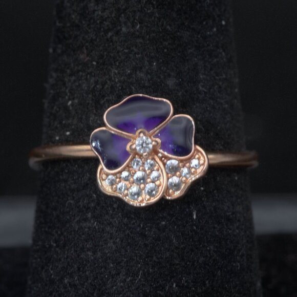 Pandora - Vintage 14k Rose Gold Plated CZ Pansy Ring - Size 7.75 - Picture 1 of 5